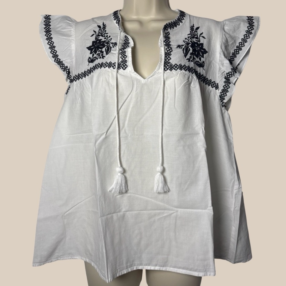H&M Embroidered White and Black Women's Flutter Sleeve Top with Tassels Size L